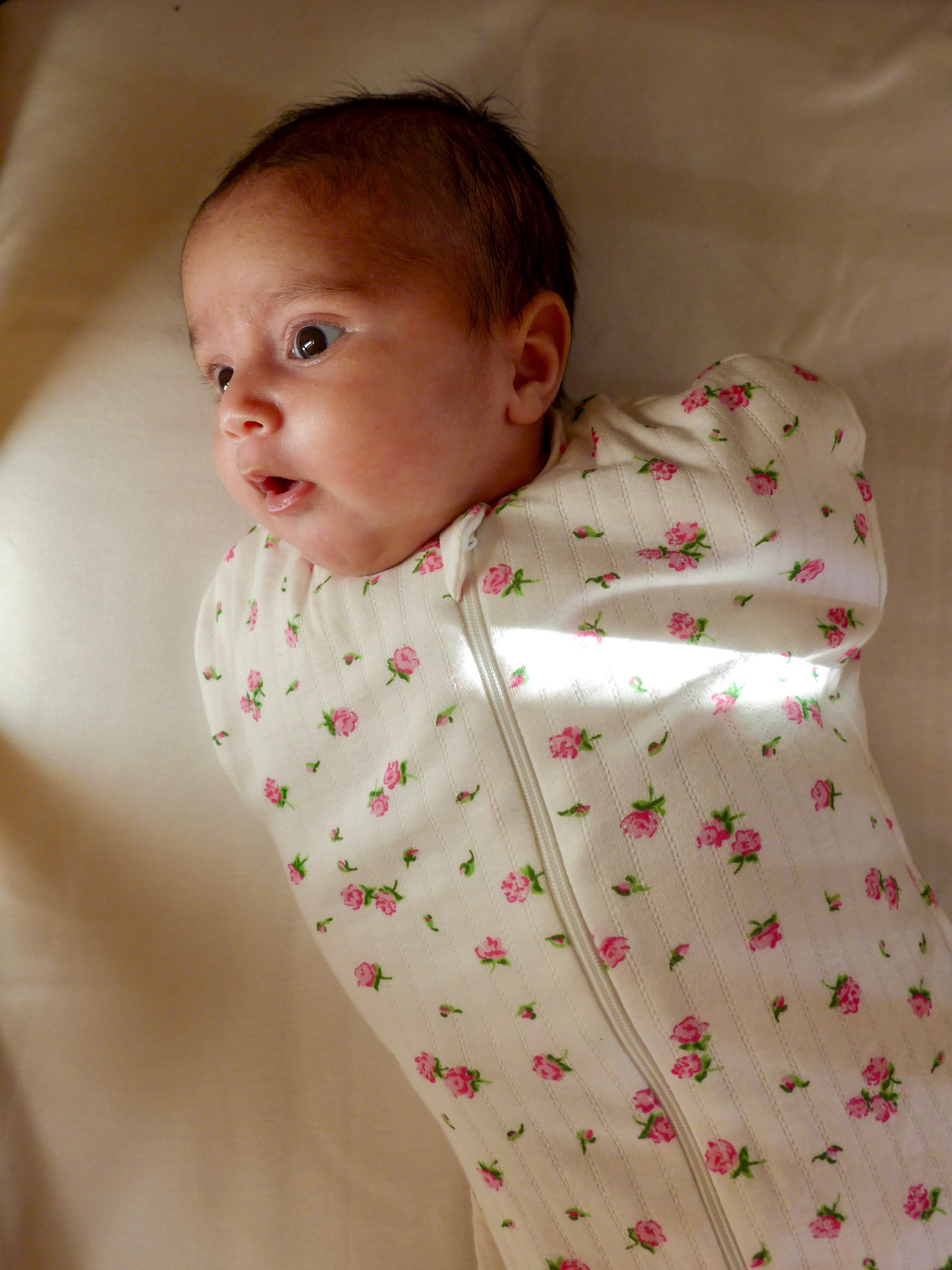 Bébé paisible dans une emmalloteuse à fleurs